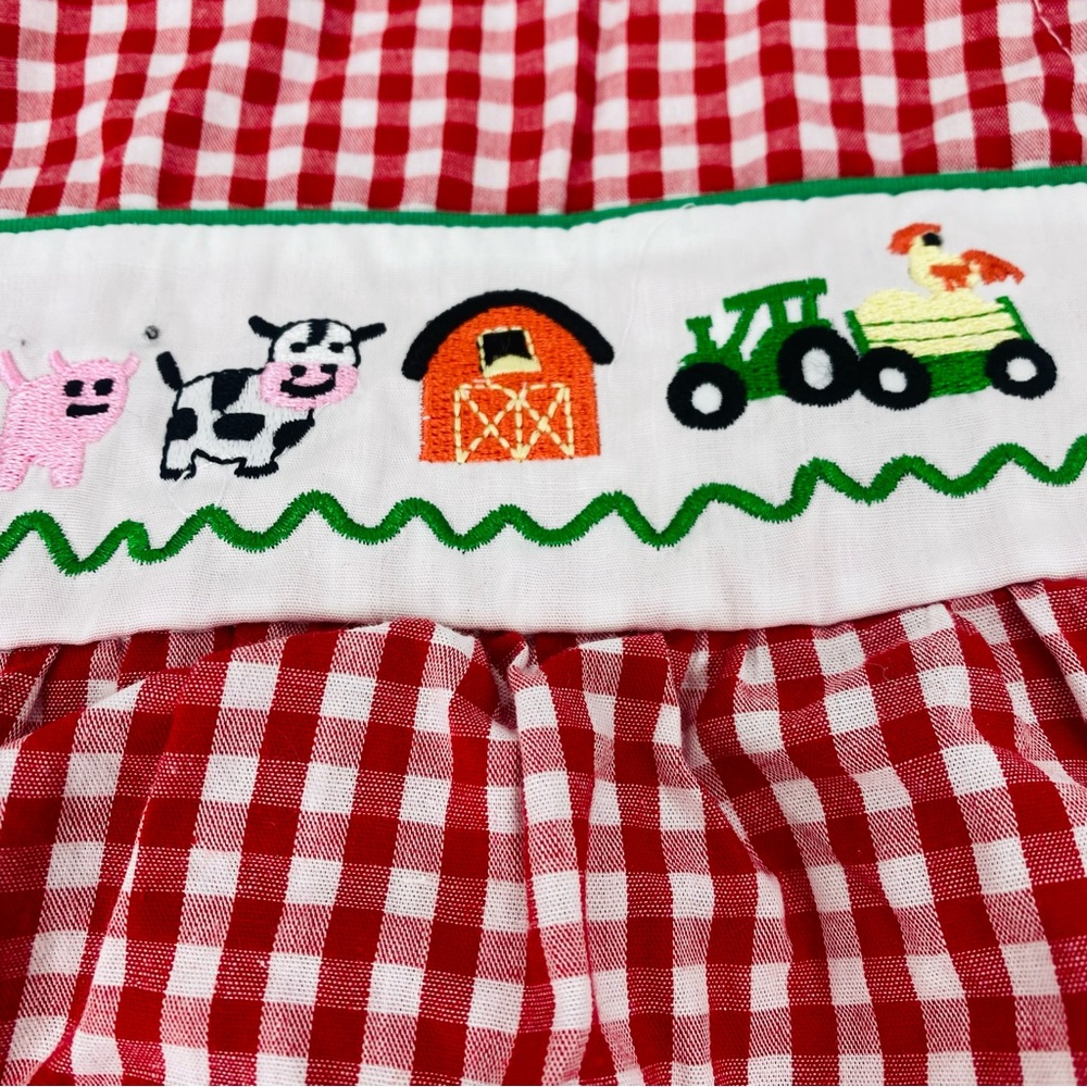 Marie Nicole Clothing Gingham Farm Animal Embroidered Romper Red White Ruffle - Picture 4 of 8